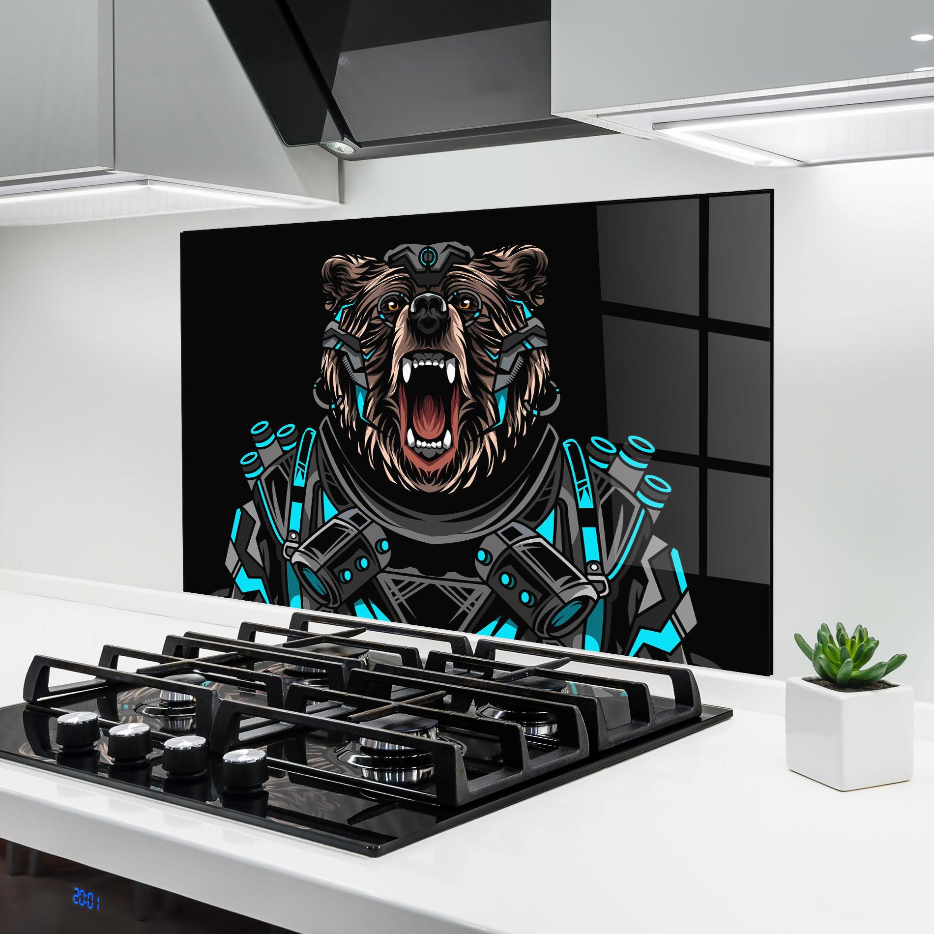 Konyhai üveg hátfal Black Cyborg Bear mockup 6