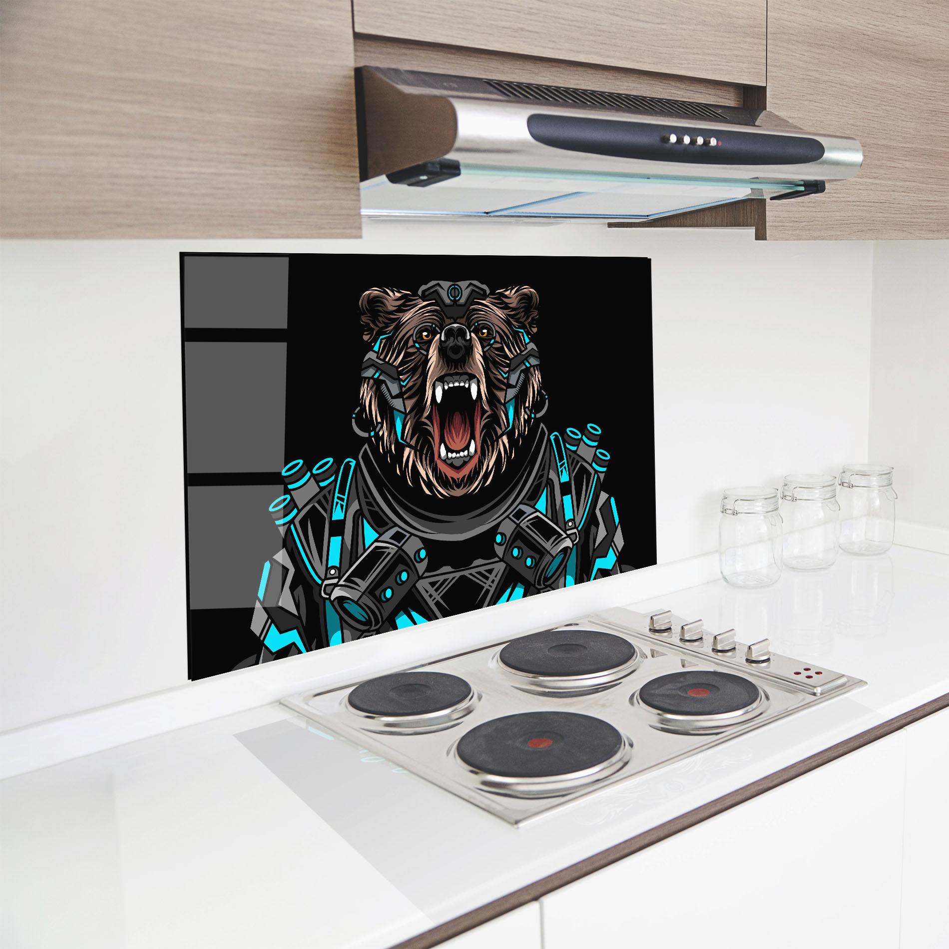 Konyhai üveg hátfal Black Cyborg Bear mockup 8