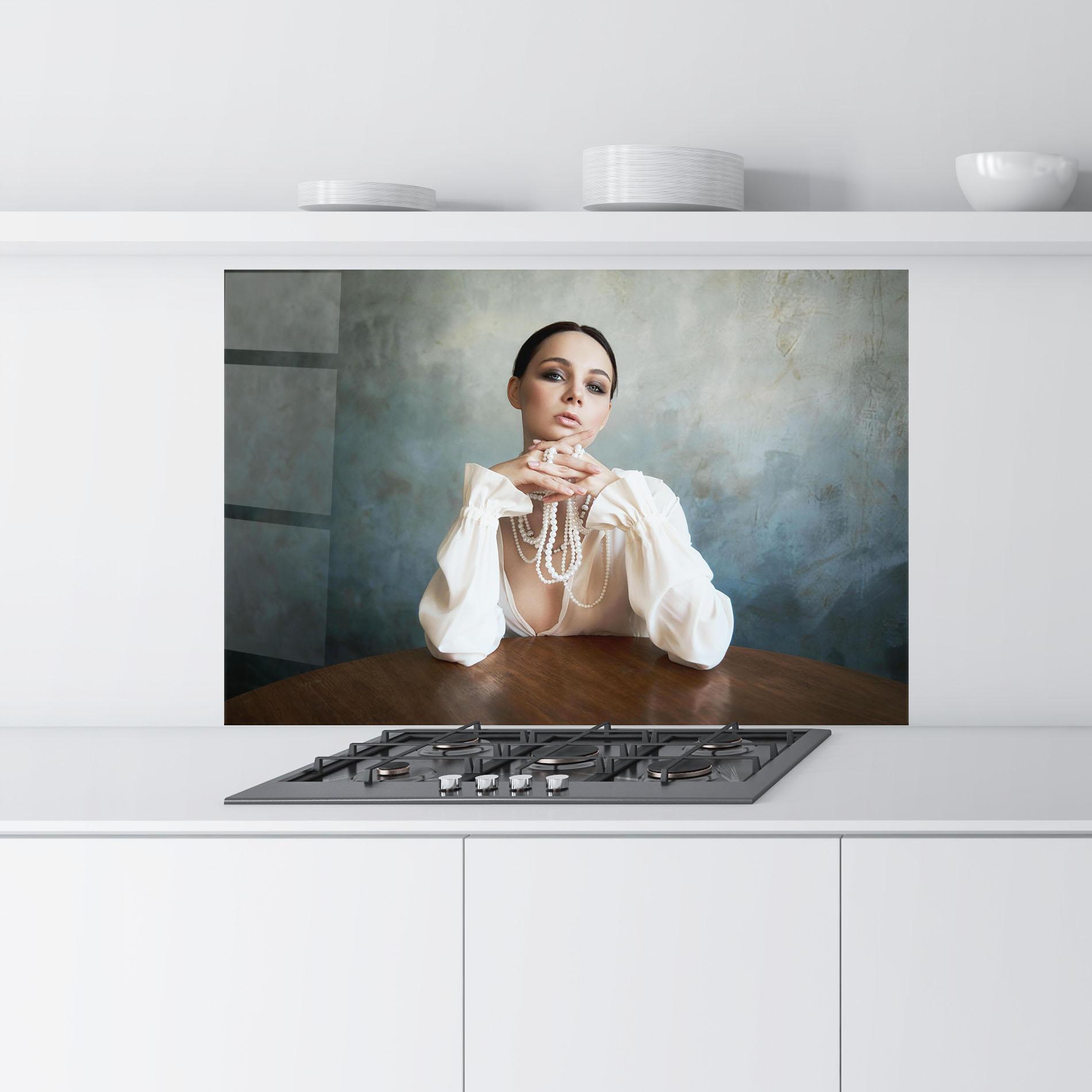 Konyhai üveg hátfal Girl White Pearls mockup 9
