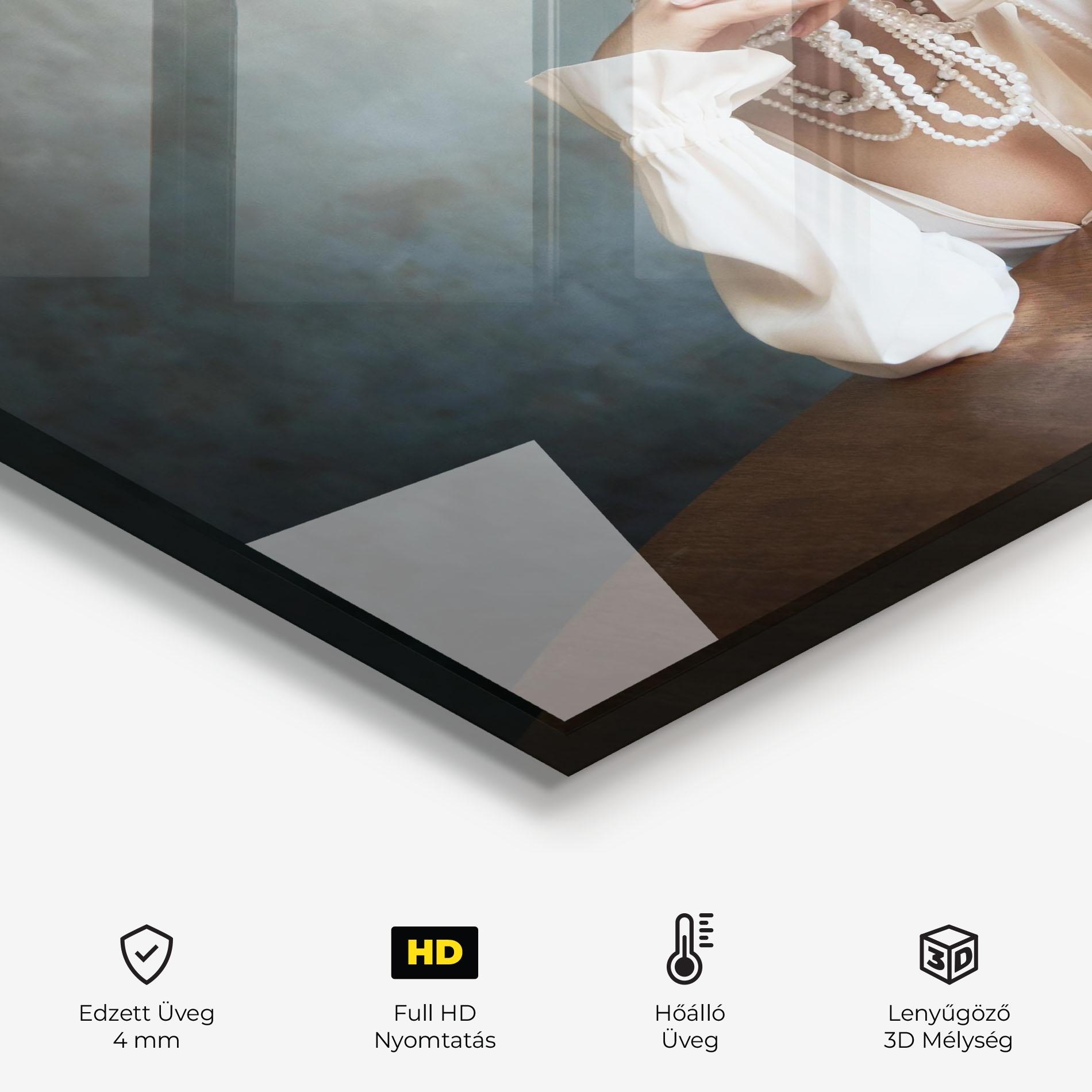 Konyhai üveg hátfal Girl White Pearls mockup 2