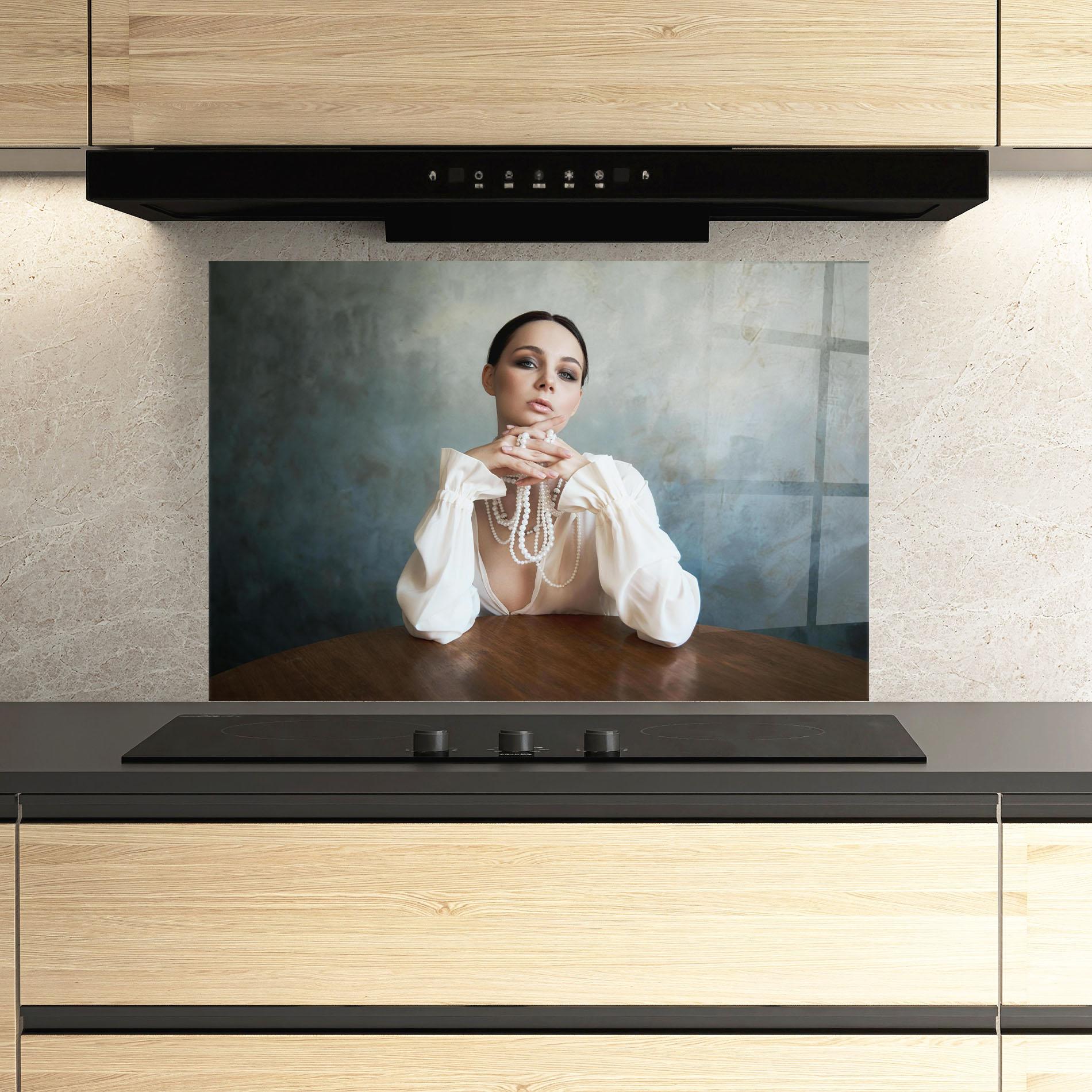 Konyhai üveg hátfal Girl White Pearls mockup 3