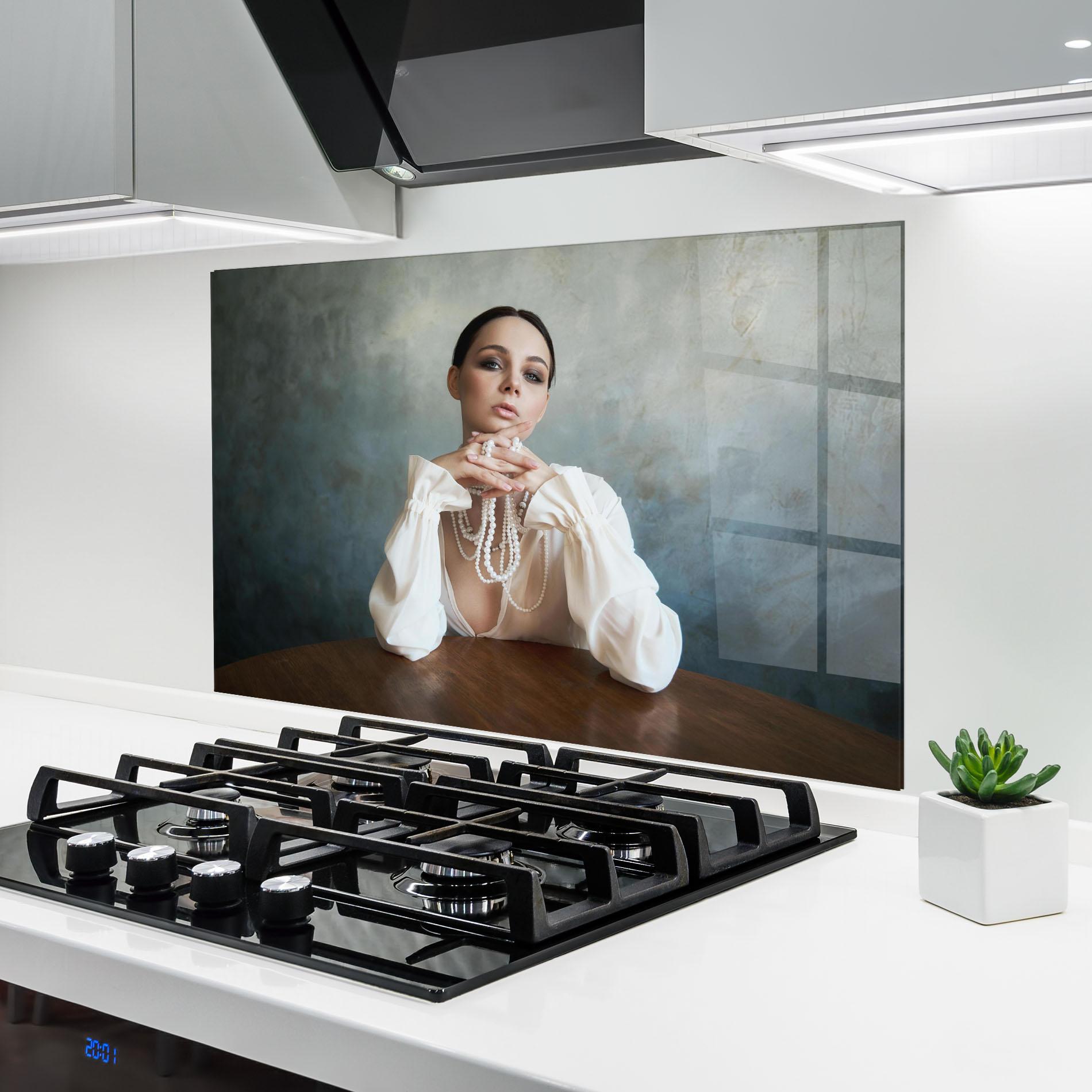 Konyhai üveg hátfal Girl White Pearls mockup 6