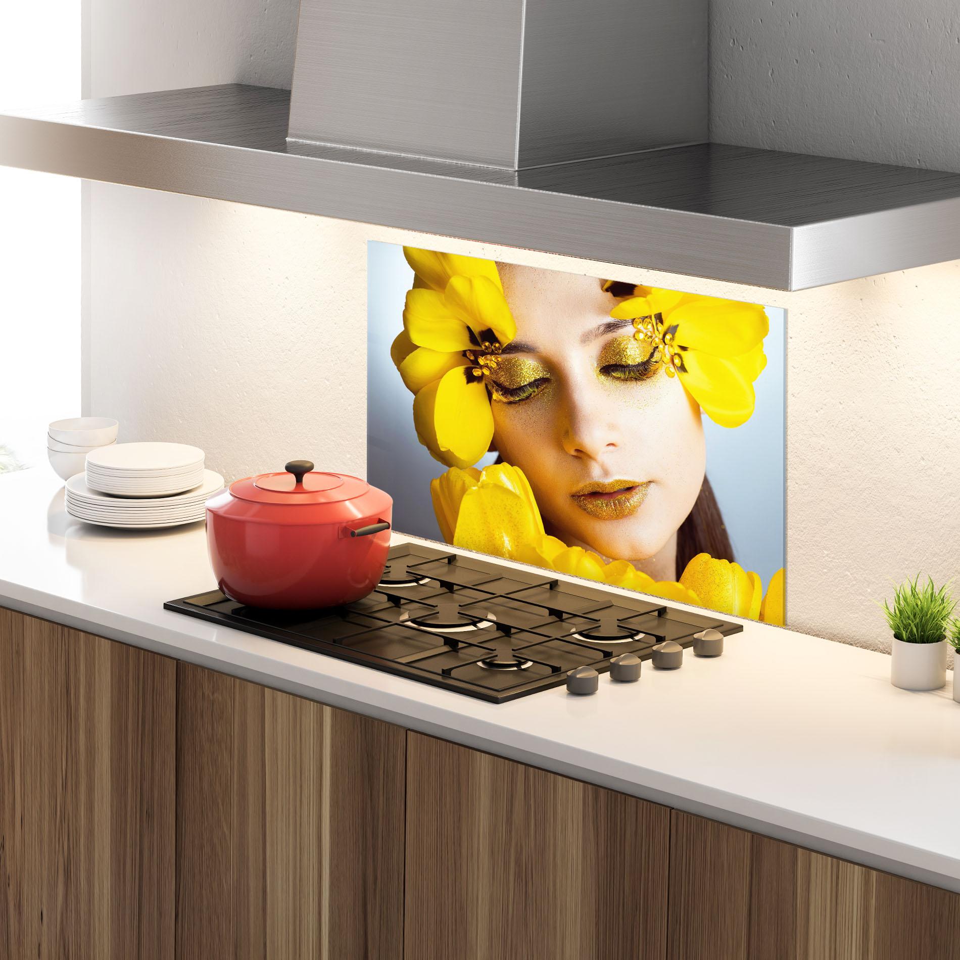 Konyhai üveg hátfal Yellow Flowers Makeup mockup 4