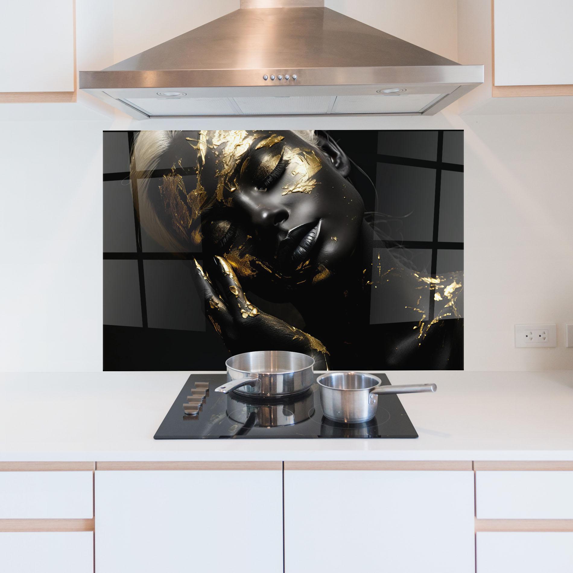 Konyhai üveg hátfal Gold Makeup On Black mockup 5