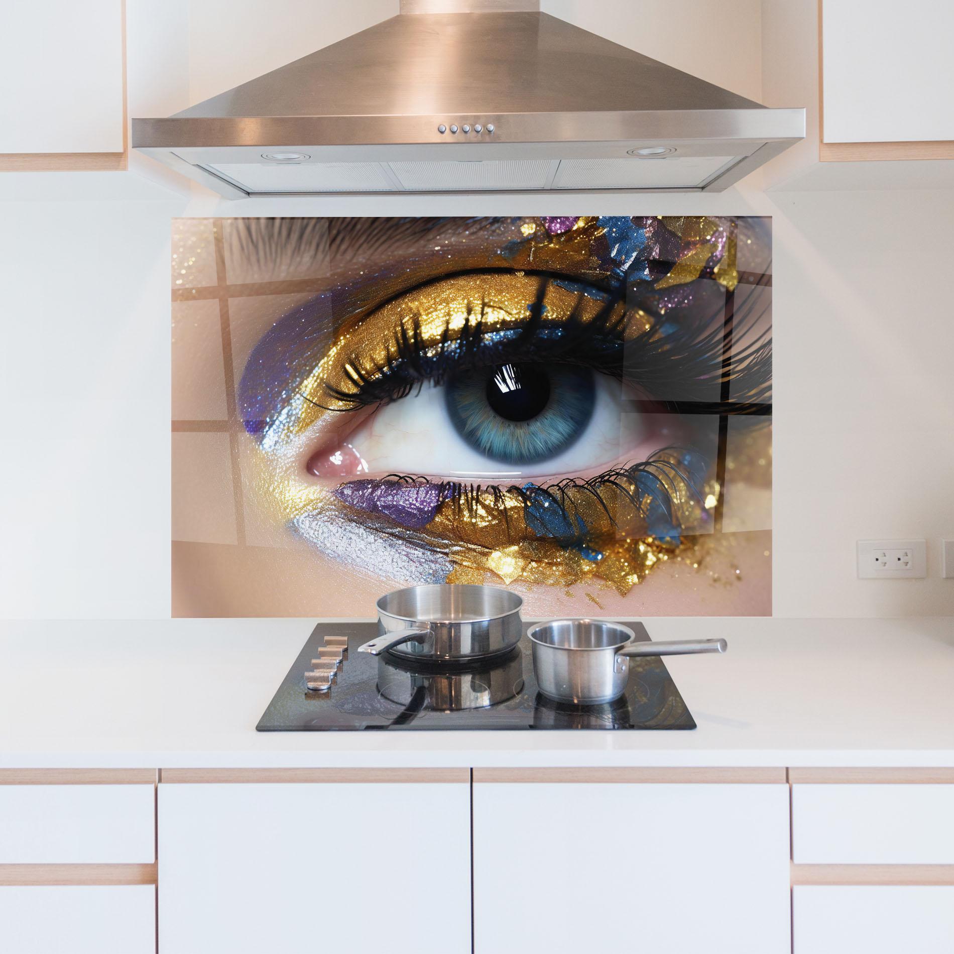 Konyhai üveg hátfal Golden Purple Make Up mockup 5