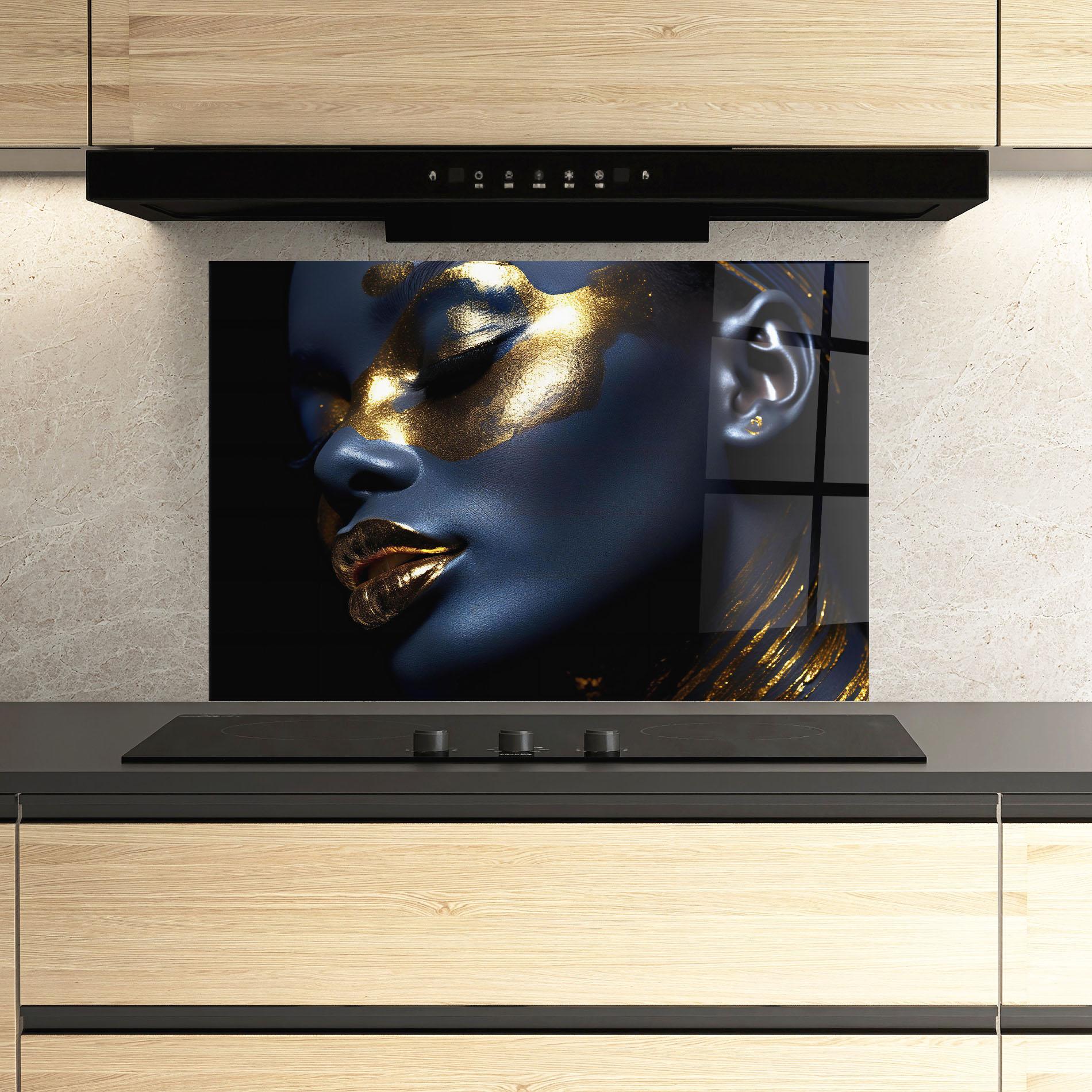 Konyhai üveg hátfal Blue Gold Face mockup 3
