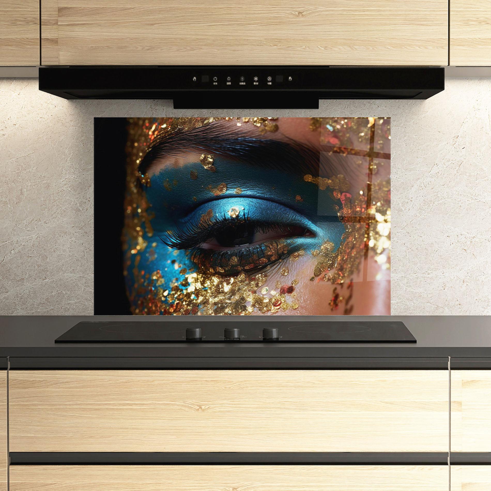 Konyhai üveg hátfal Blue Gold Glitter mockup 3