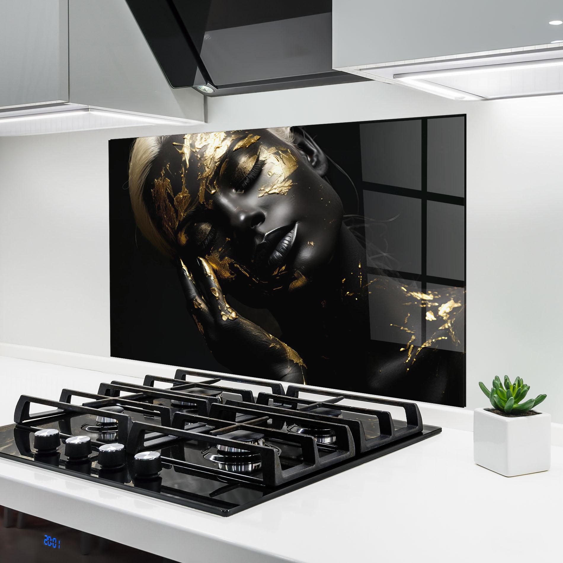Konyhai üveg hátfal Gold Makeup On Black mockup 6
