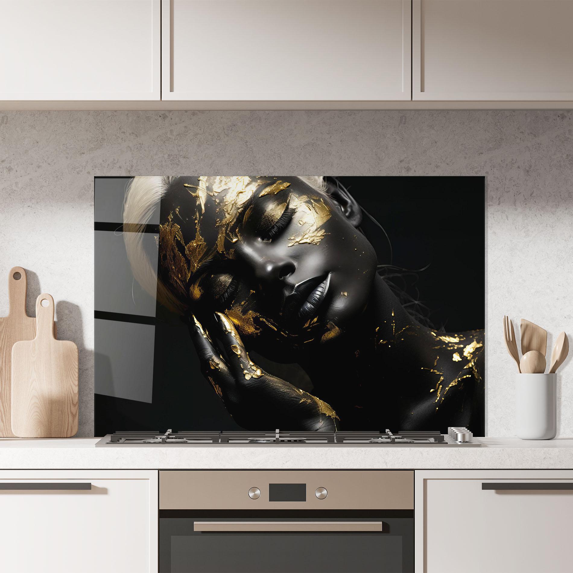 Konyhai üveg hátfal Gold Makeup On Black mockup 7