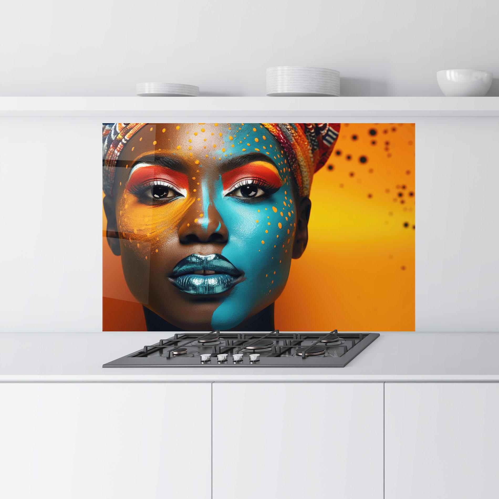 Konyhai üveg hátfal Blue Brown Skin Woman mockup 9