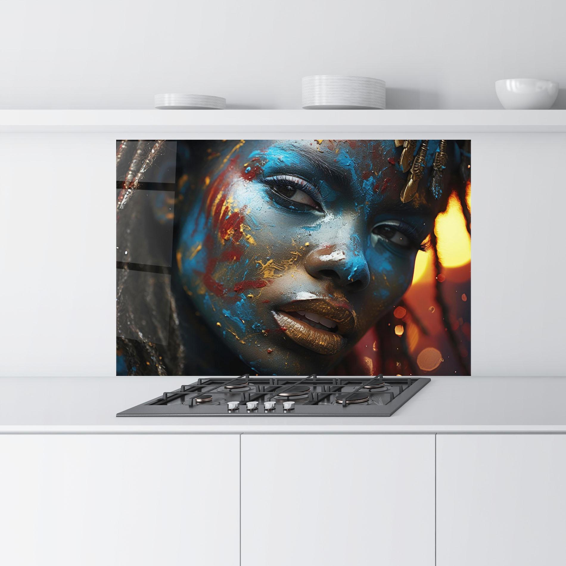 Konyhai üveg hátfal Blue Paint Woman mockup 9
