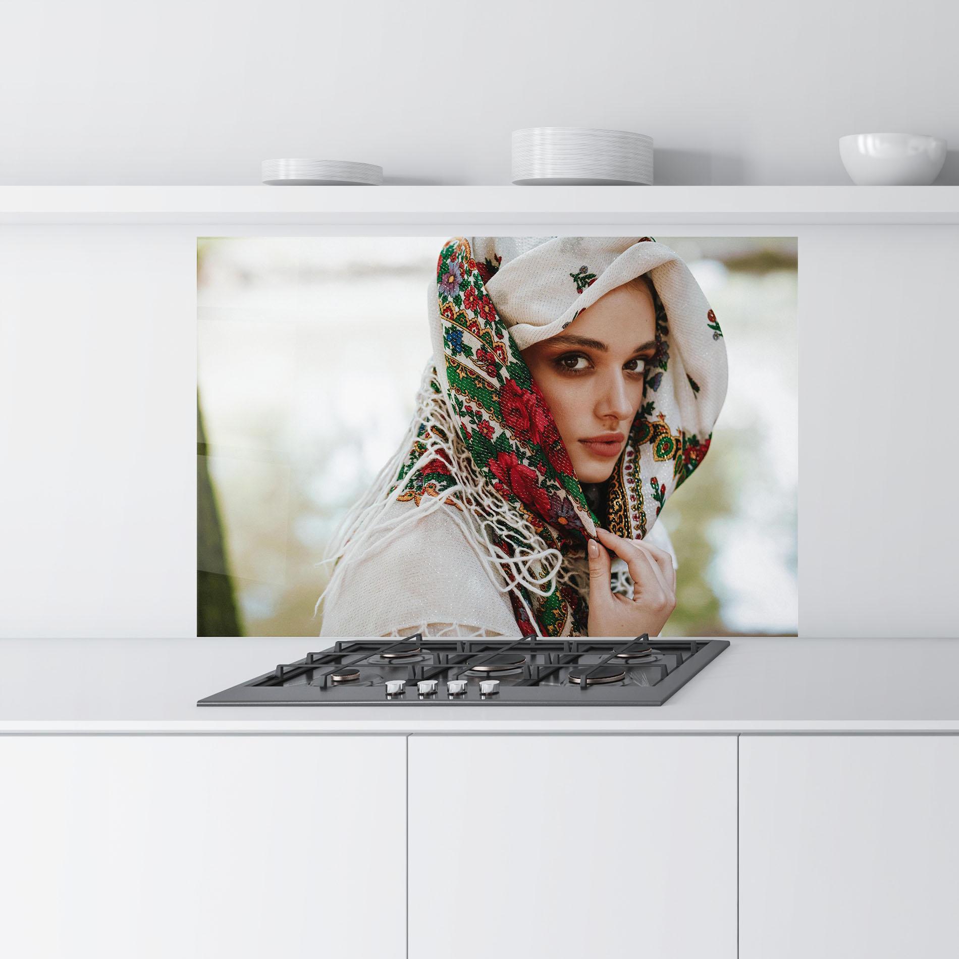 Konyhai üveg hátfal Ukrainian Embroidered Dress mockup 9