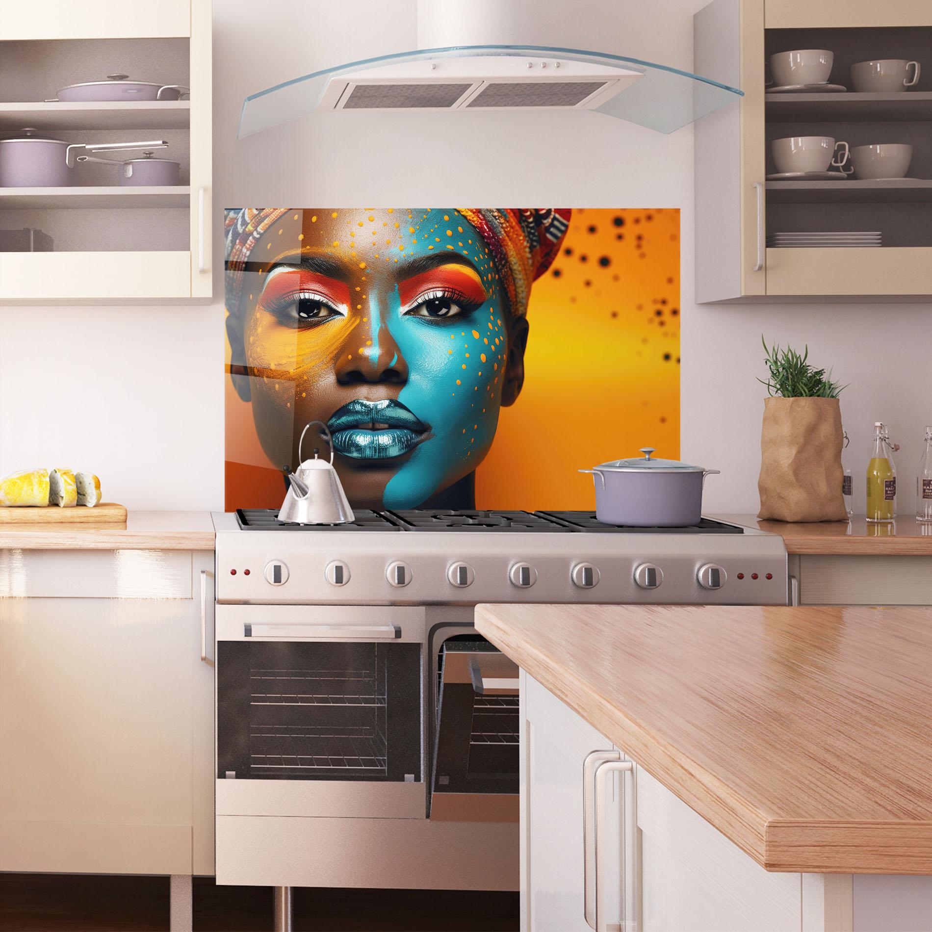 Konyhai üveg hátfal Blue Brown Skin Woman mockup 1