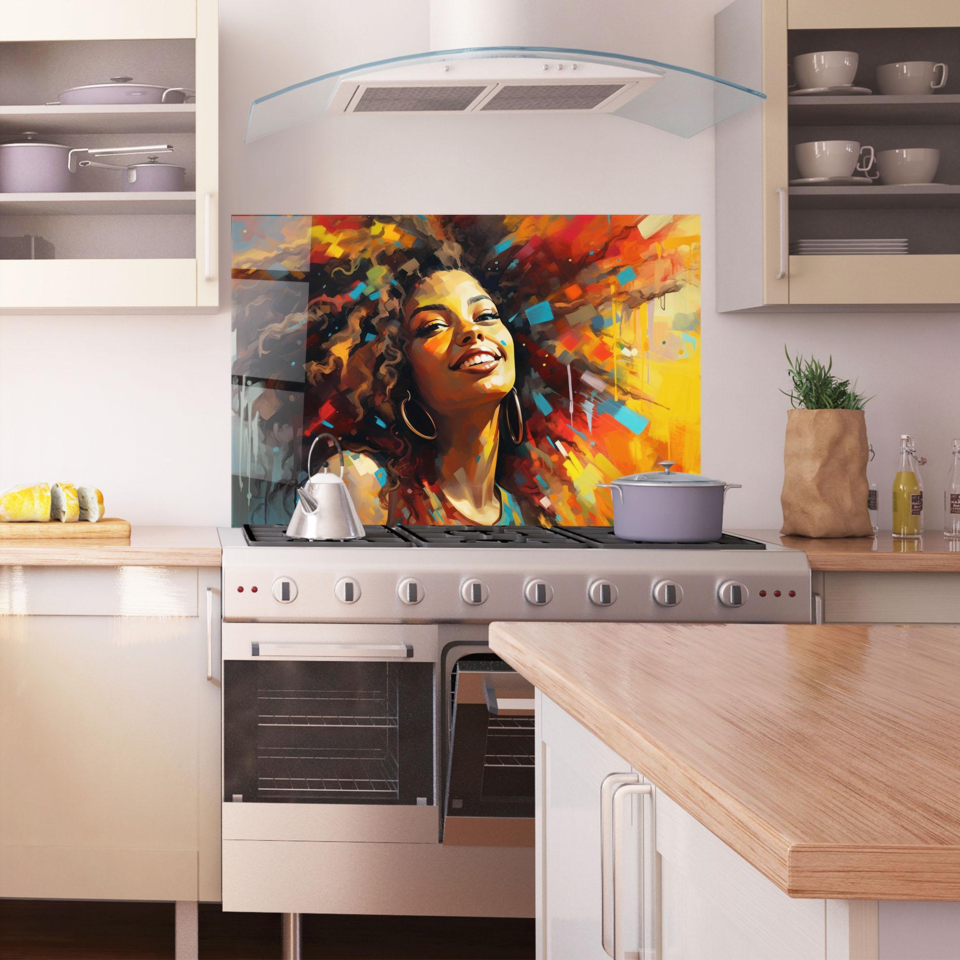 Konyhai üveg hátfal Cheerful African Woman mockup 1