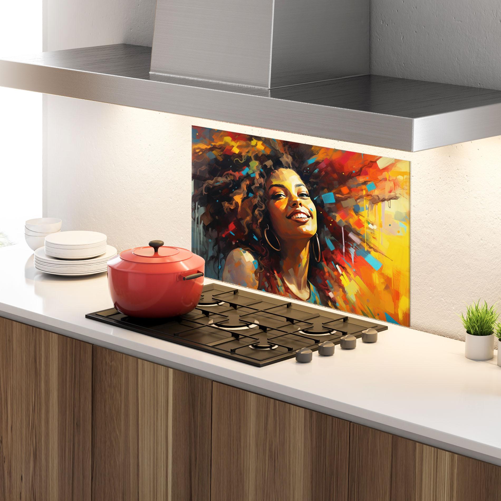 Konyhai üveg hátfal Cheerful African Woman mockup 4