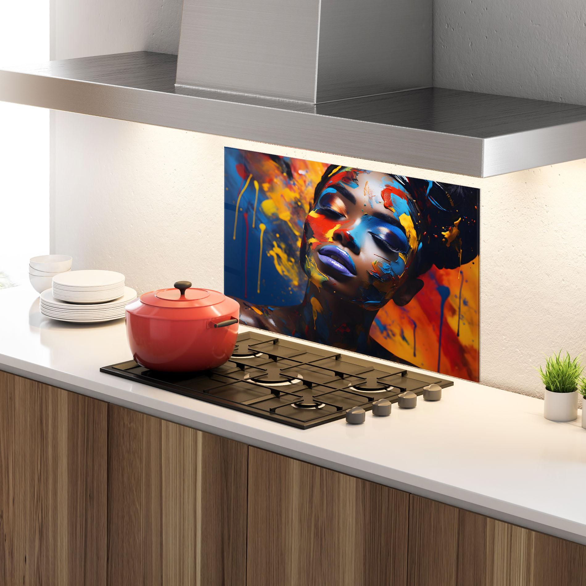 Konyhai üveg hátfal Color Splash African Woman mockup 4