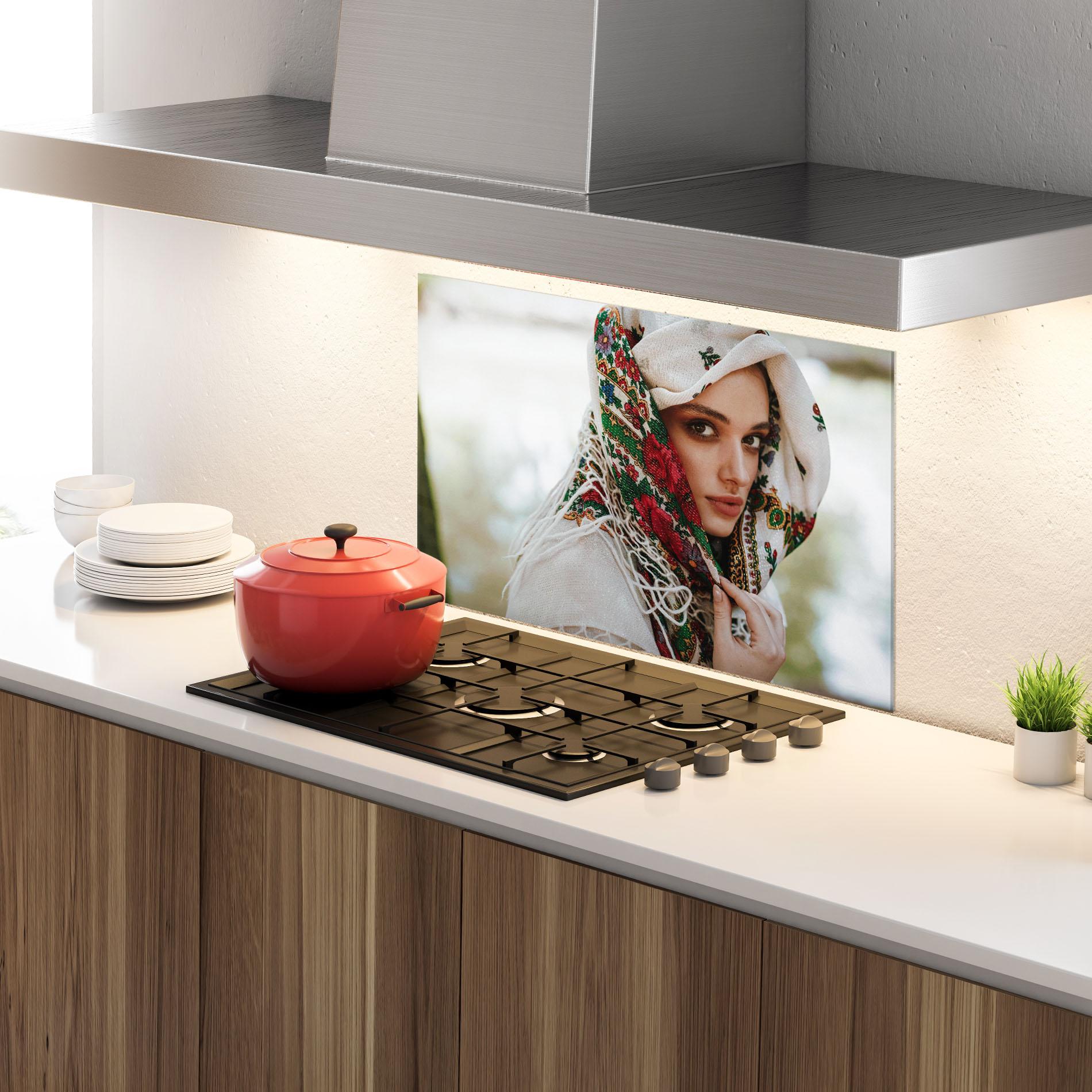 Konyhai üveg hátfal Ukrainian Embroidered Dress mockup 4