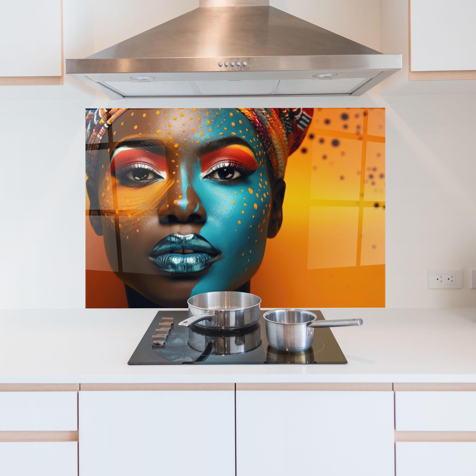 Konyhai üveg hátfal Blue Brown Skin Woman mockup 5