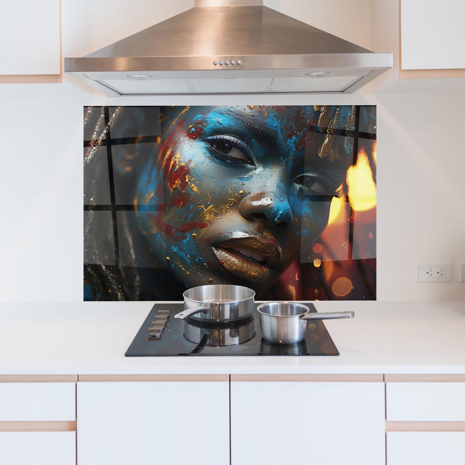 Konyhai üveg hátfal Blue Paint Woman mockup 5