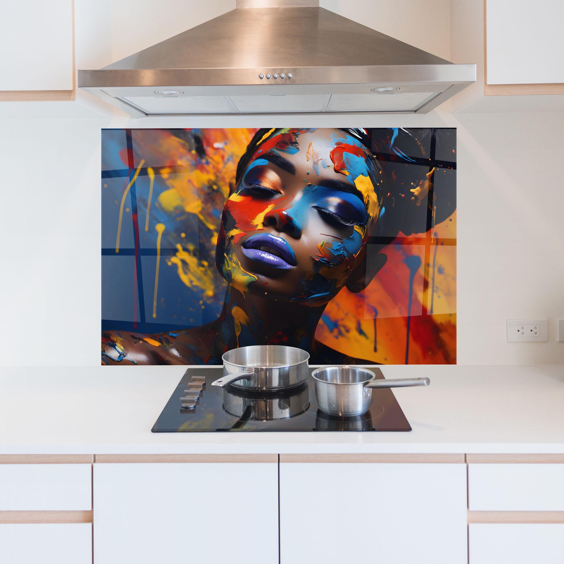 Konyhai üveg hátfal Color Splash African Woman mockup 5