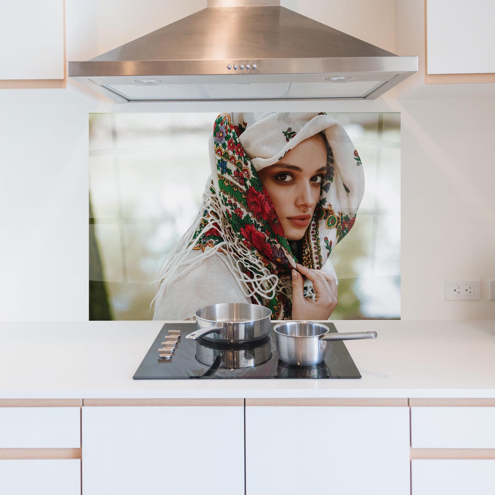 Konyhai üveg hátfal Ukrainian Embroidered Dress mockup 5
