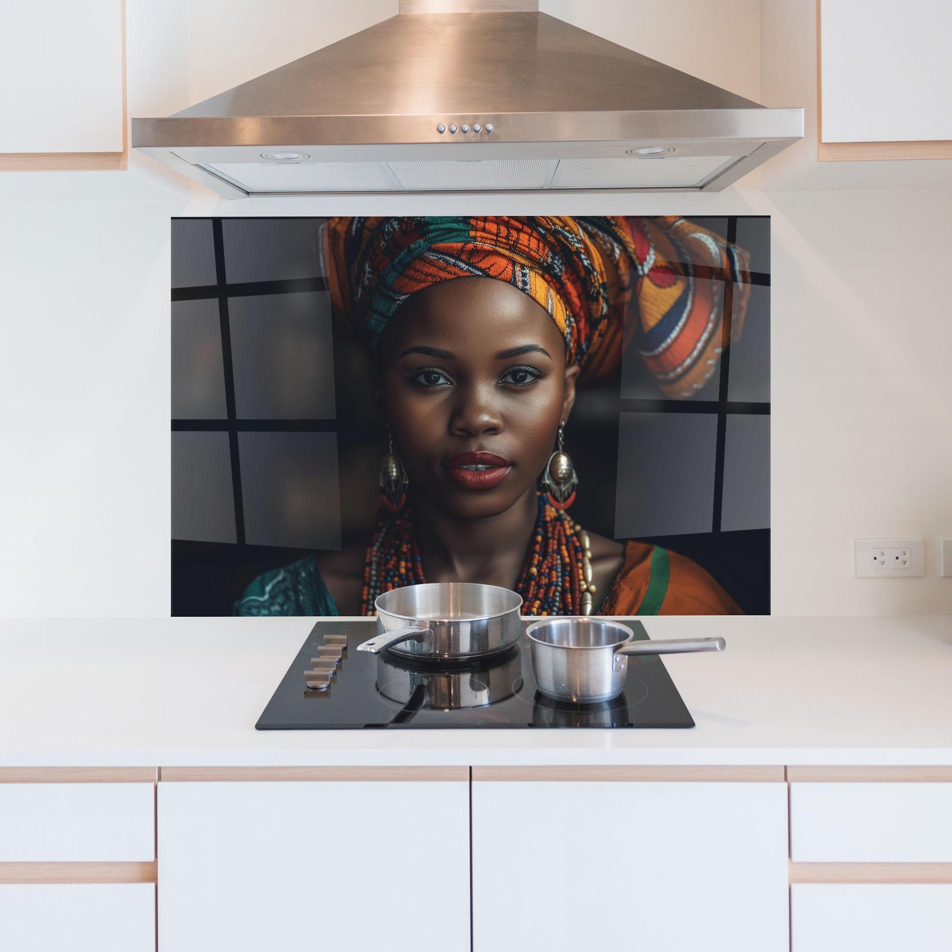 Konyhai üveg hátfal Young African Woman mockup 5