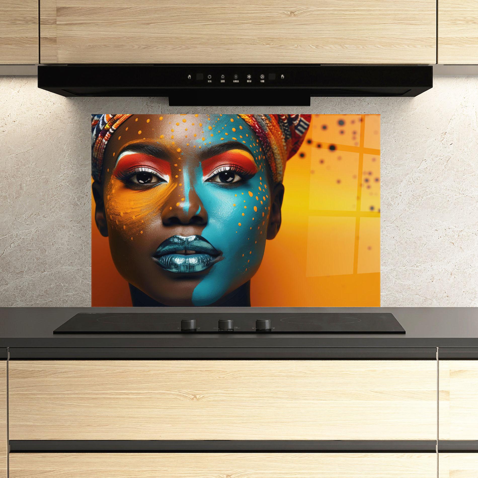 Konyhai üveg hátfal Blue Brown Skin Woman mockup 3