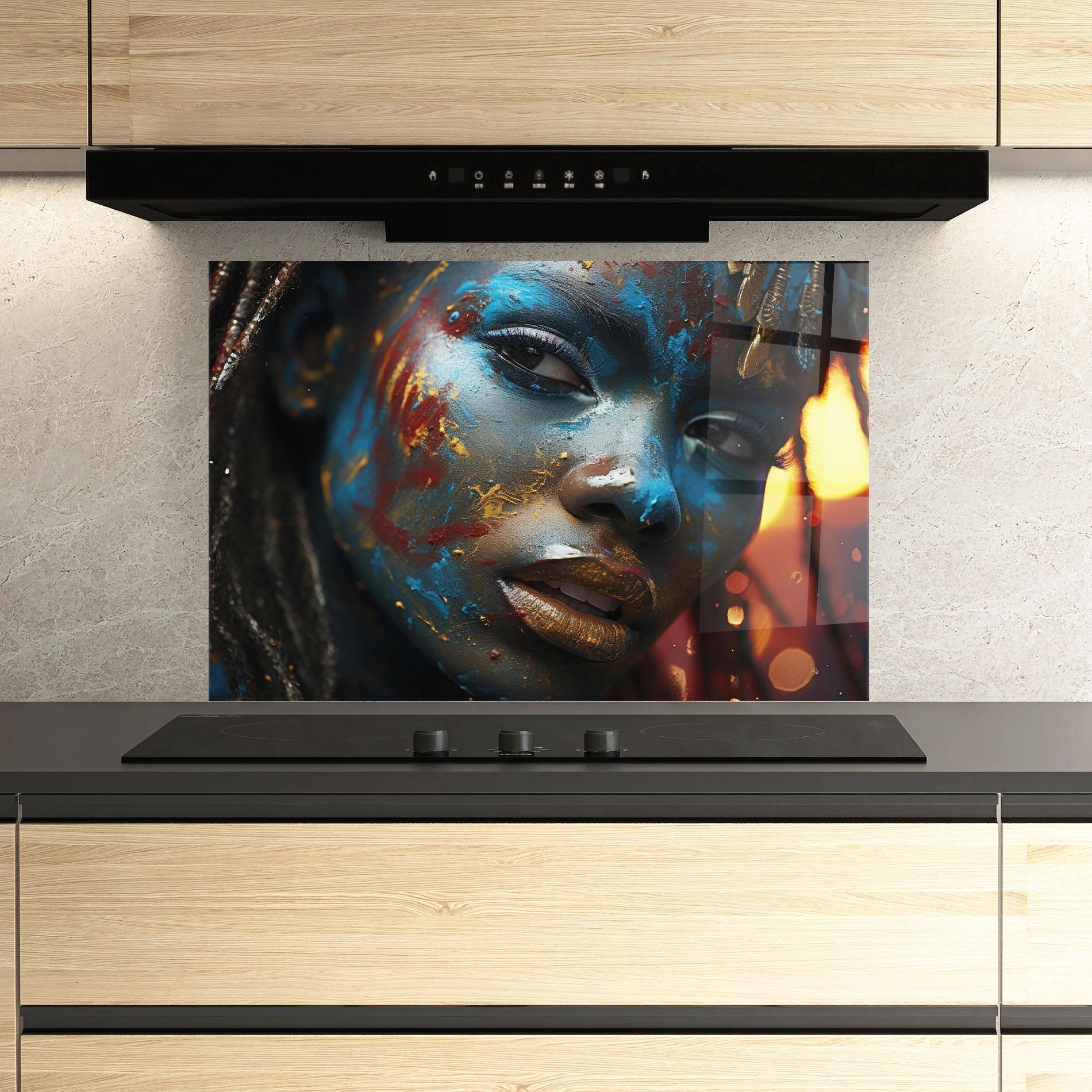 Konyhai üveg hátfal Blue Paint Woman mockup 3