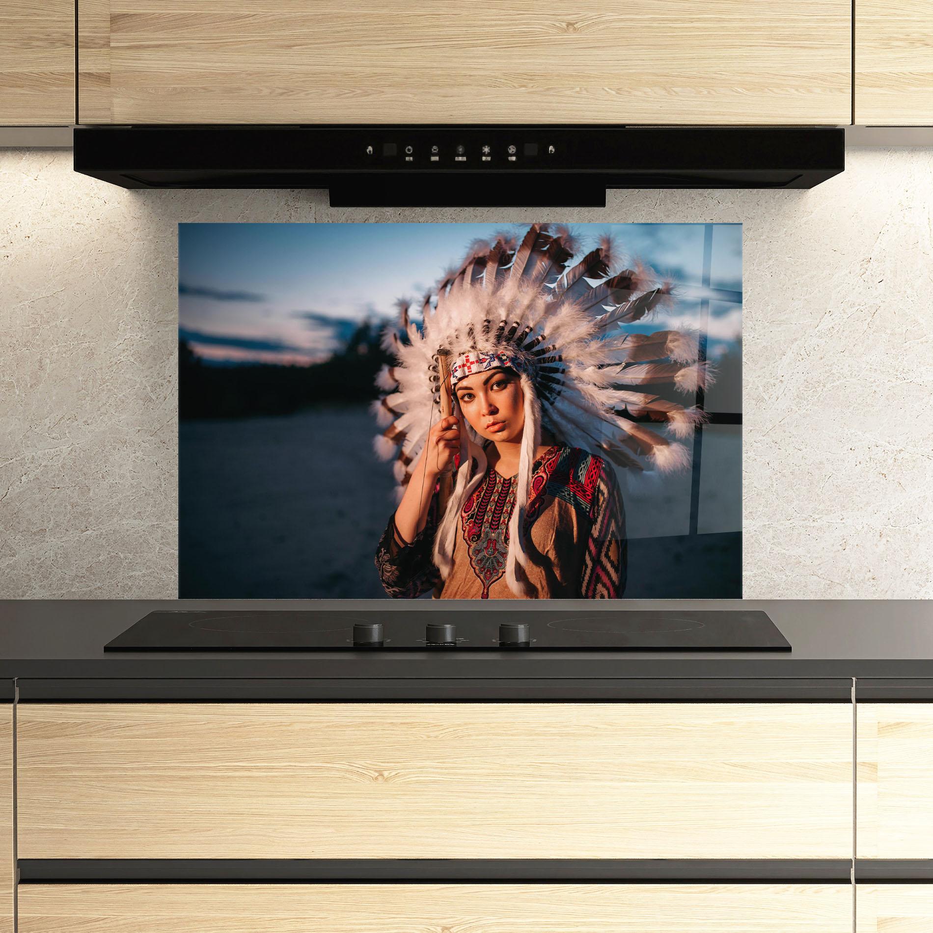 Konyhai üveg hátfal Indian Woman Sunset mockup 3