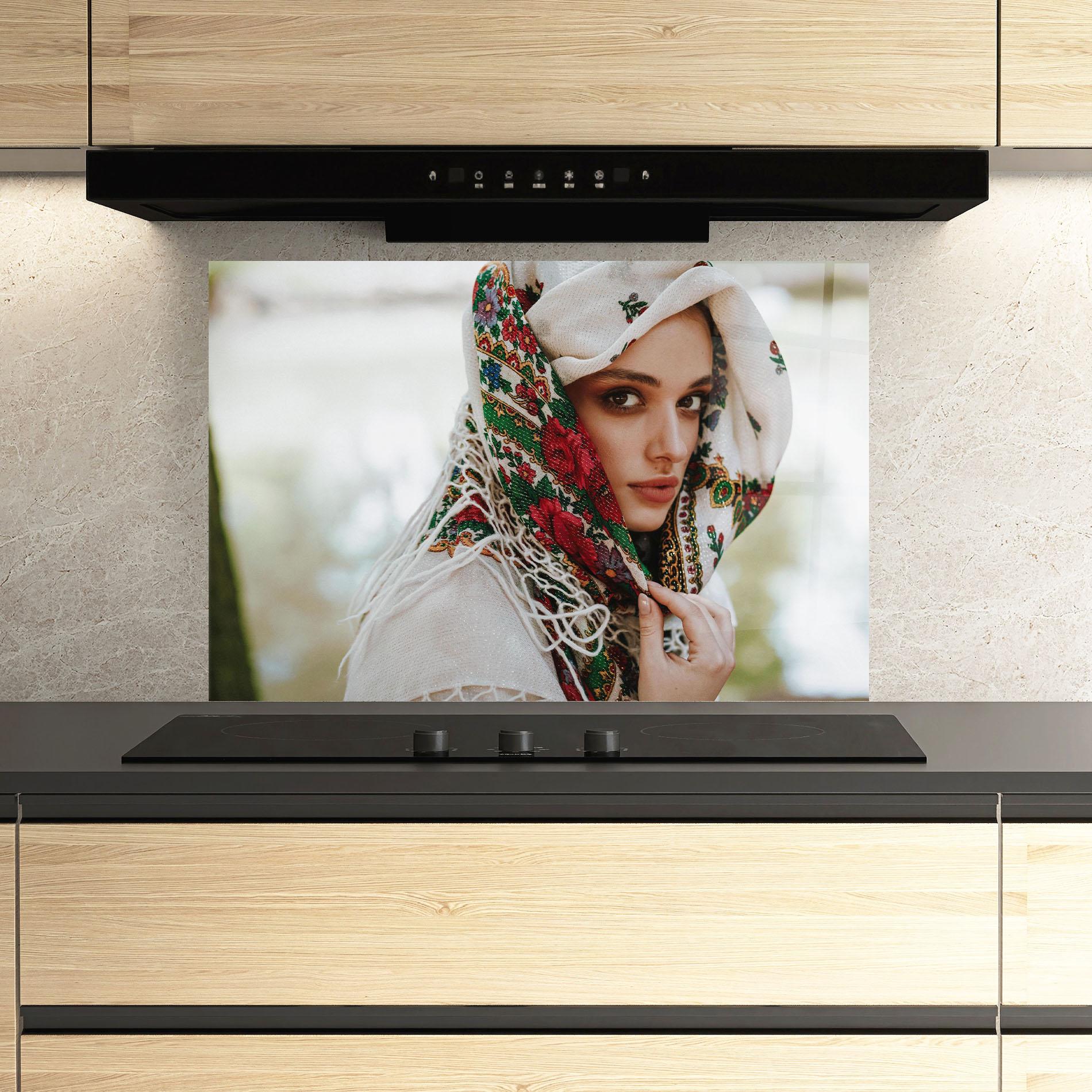 Konyhai üveg hátfal Ukrainian Embroidered Dress mockup 3