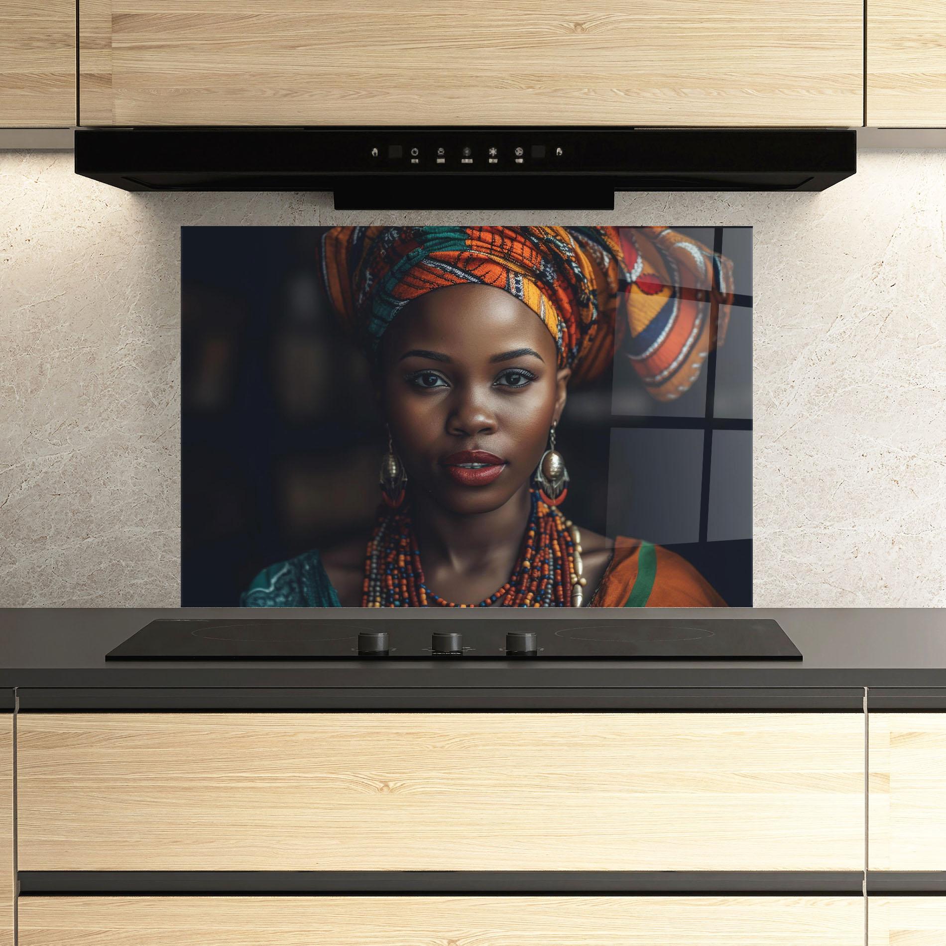 Konyhai üveg hátfal Young African Woman mockup 3