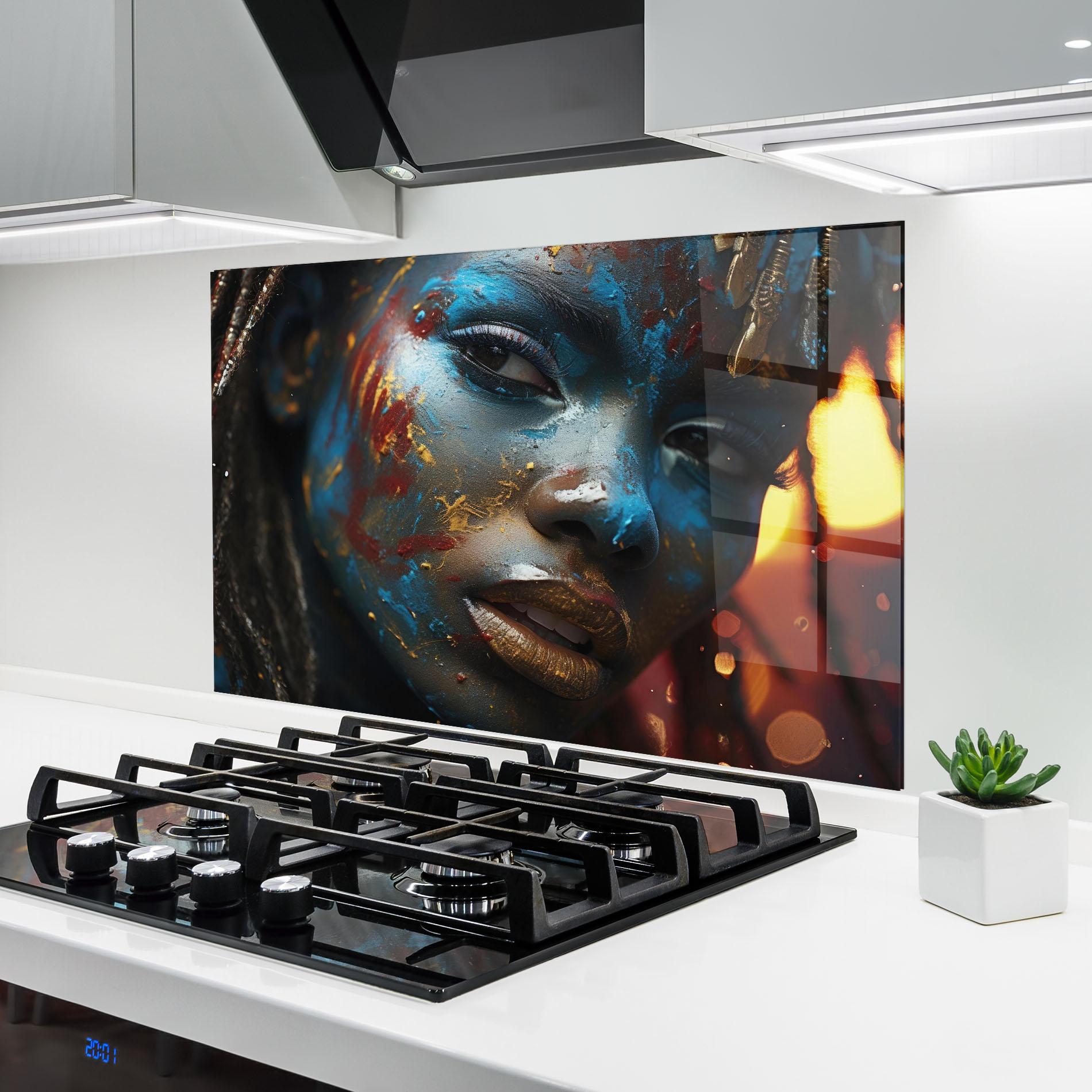 Konyhai üveg hátfal Blue Paint Woman mockup 6