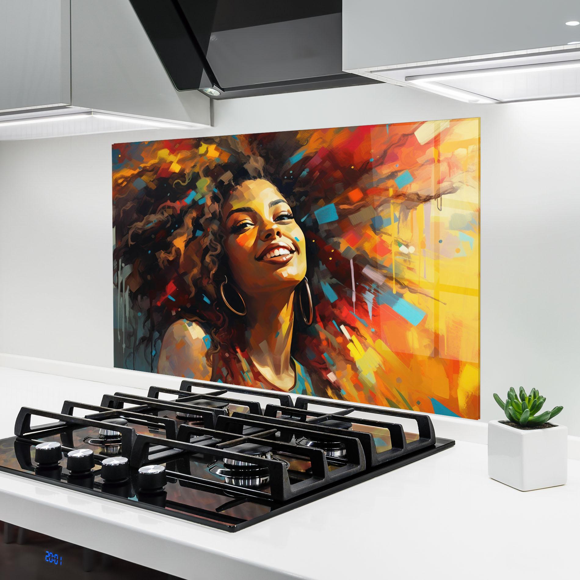 Konyhai üveg hátfal Cheerful African Woman mockup 6