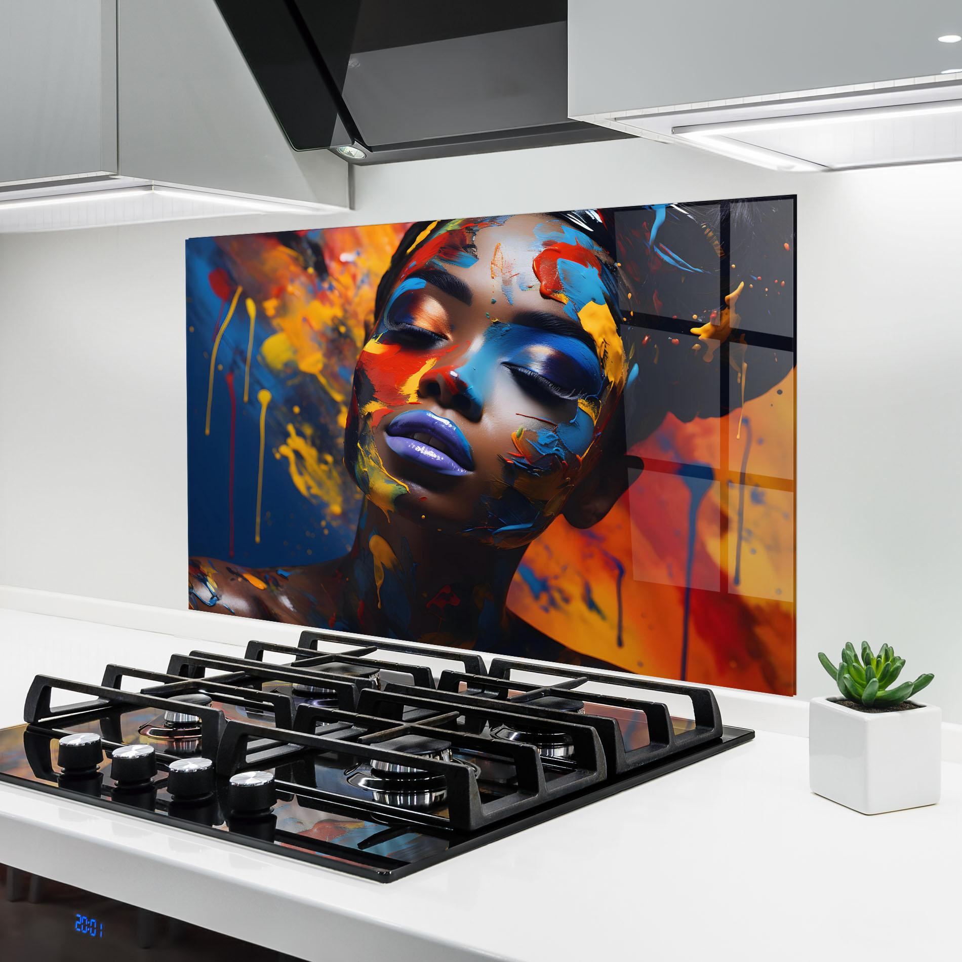 Konyhai üveg hátfal Color Splash African Woman mockup 6