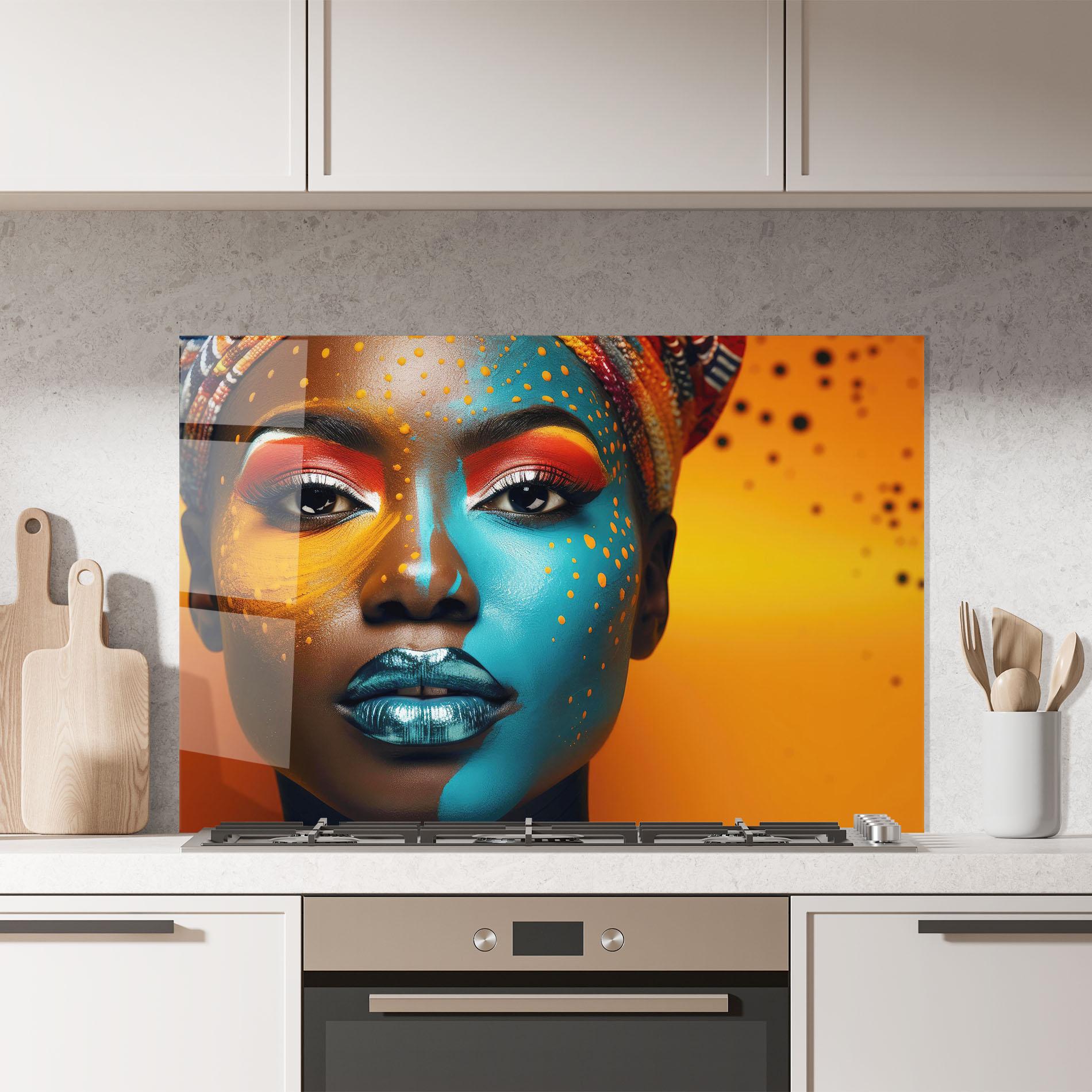 Konyhai üveg hátfal Blue Brown Skin Woman mockup 7