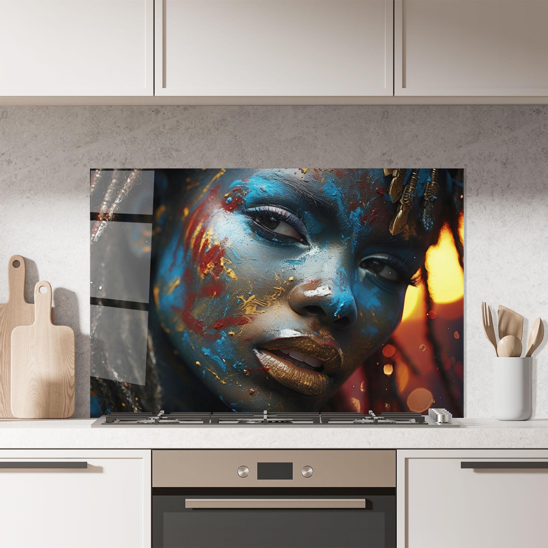 Konyhai üveg hátfal Blue Paint Woman mockup 7