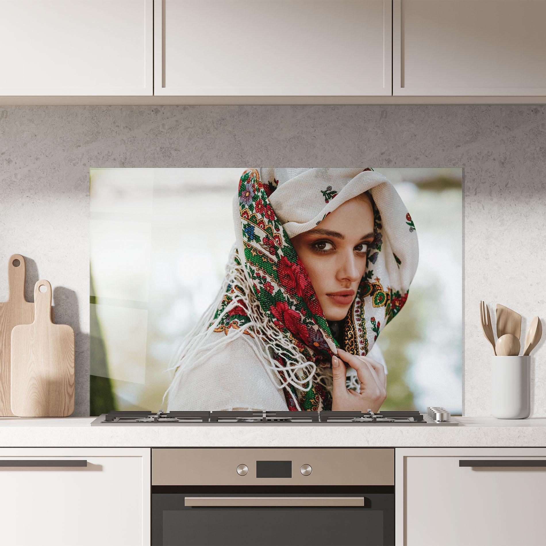 Konyhai üveg hátfal Ukrainian Embroidered Dress mockup 7