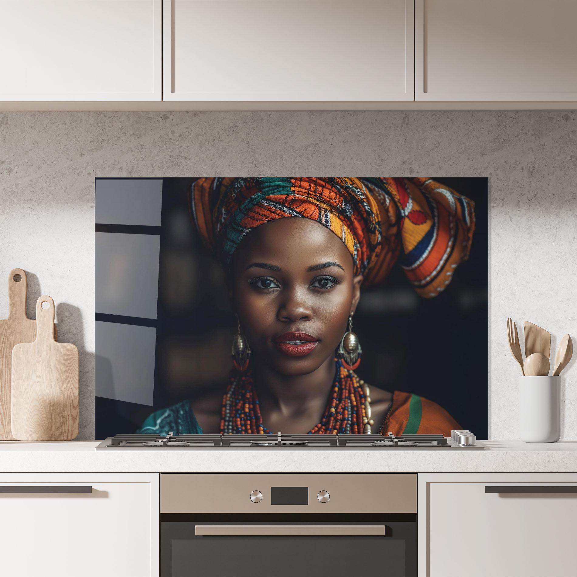 Konyhai üveg hátfal Young African Woman mockup 7