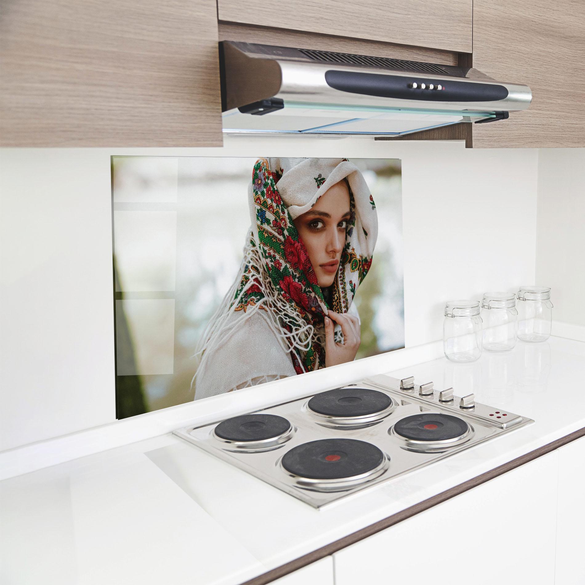 Konyhai üveg hátfal Ukrainian Embroidered Dress mockup 8