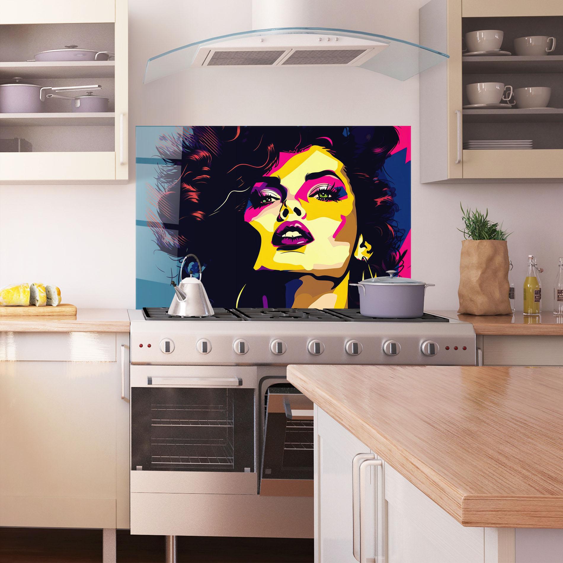 Konyhai üveg hátfal Pop Art Portrait Woman mockup 1