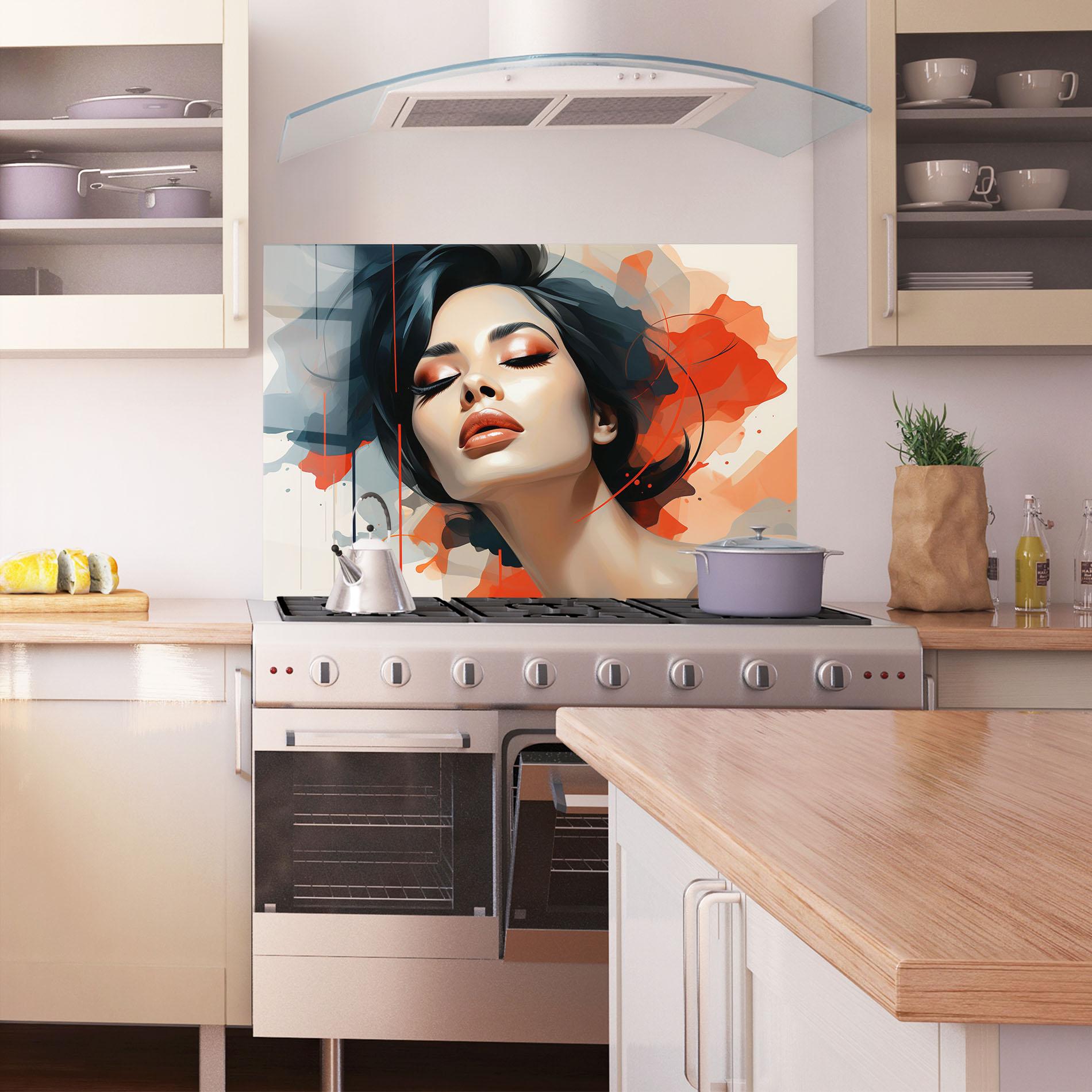 Konyhai üveg hátfal Pretty Woman On Red mockup 1