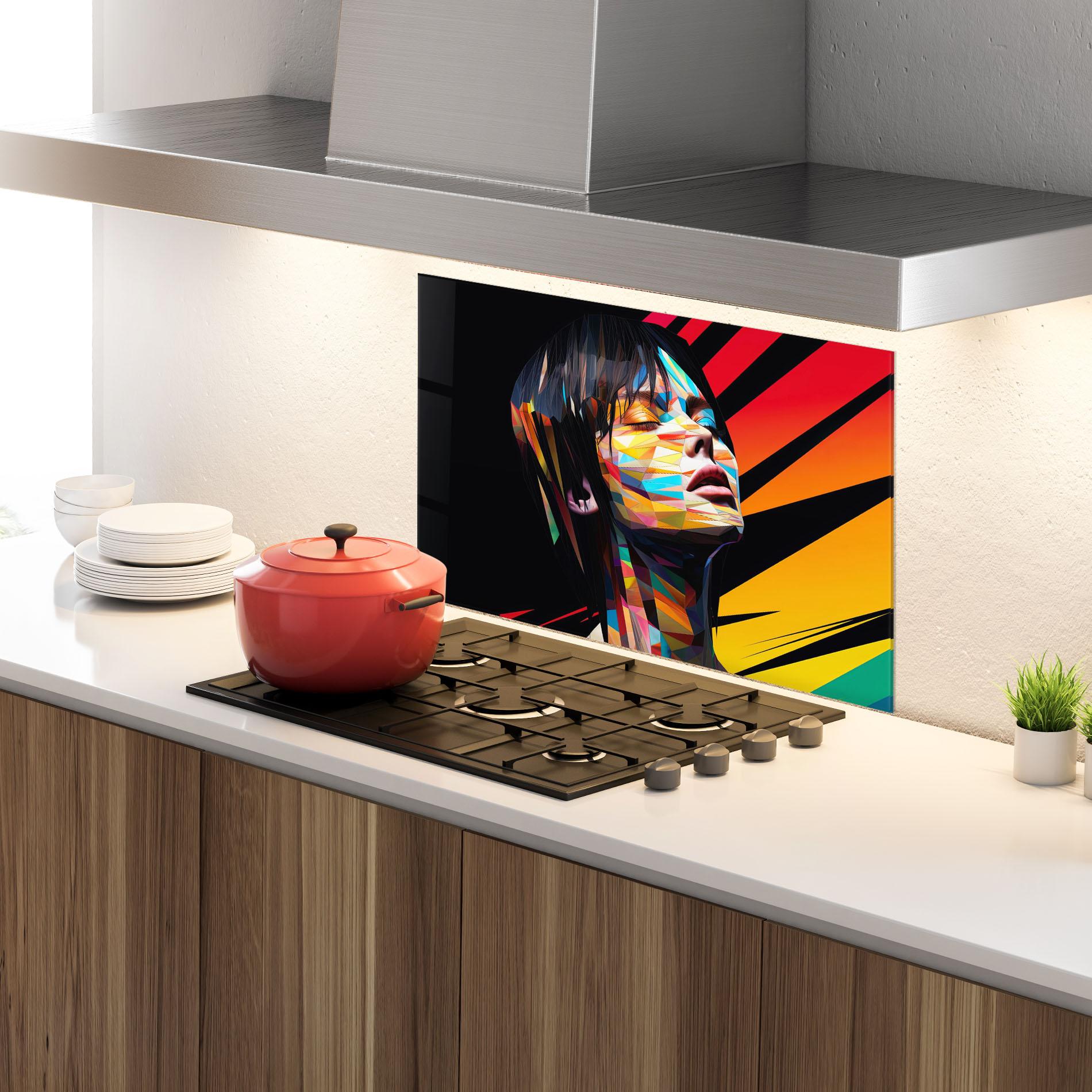Konyhai üveg hátfal Glitchy Woman mockup 4