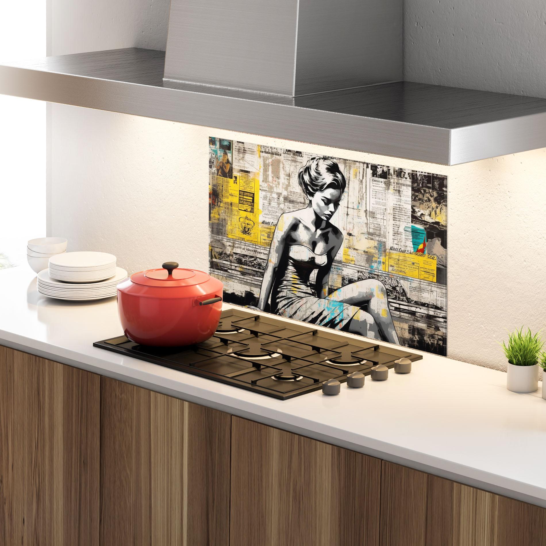 Konyhai üveg hátfal Newspaper Painting Girl mockup 4