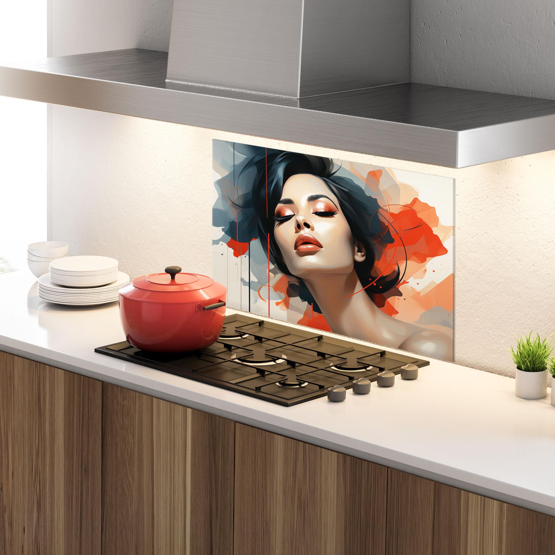 Konyhai üveg hátfal Pretty Woman On Red mockup 4