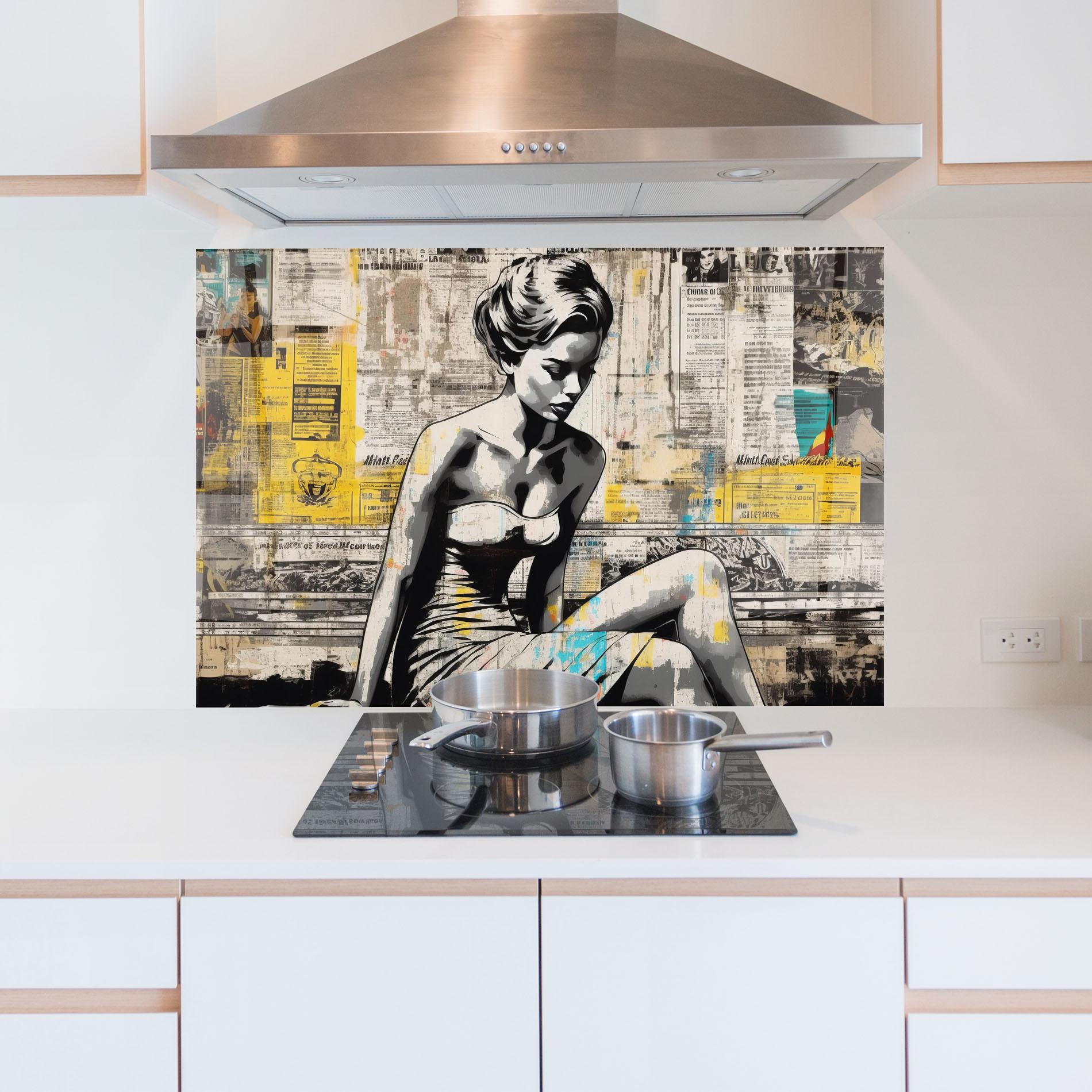 Konyhai üveg hátfal Newspaper Painting Girl mockup 5