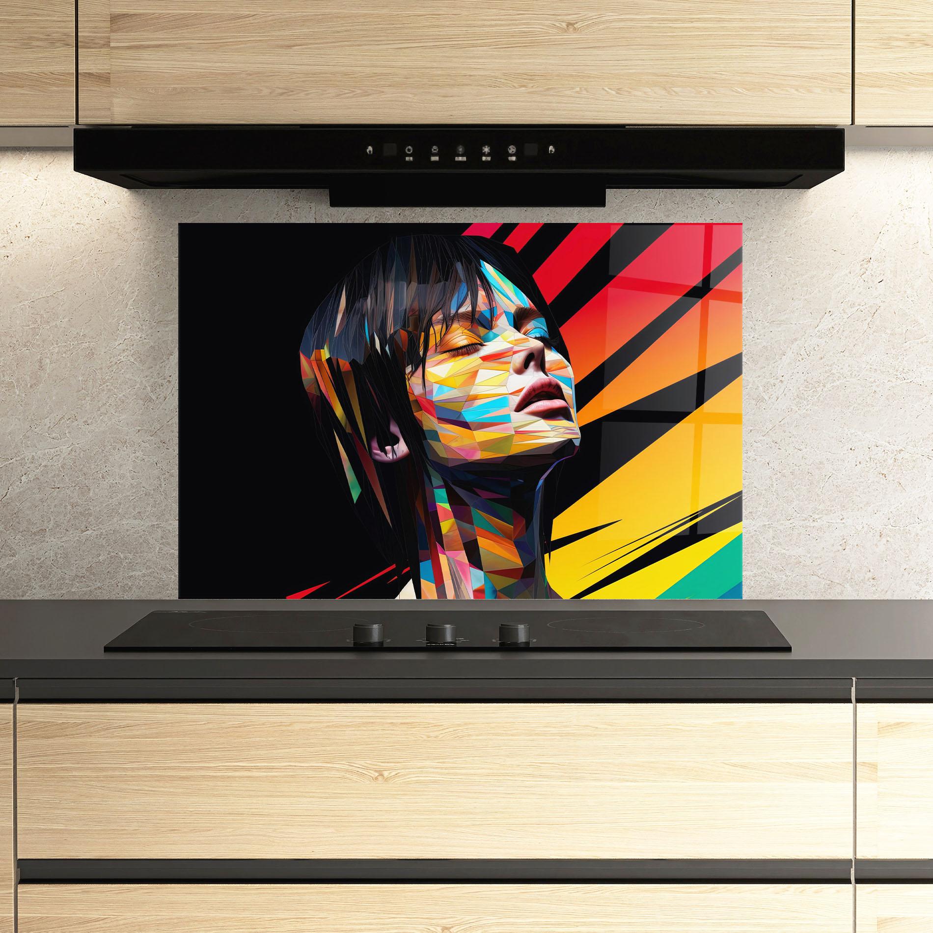 Konyhai üveg hátfal Glitchy Woman mockup 3