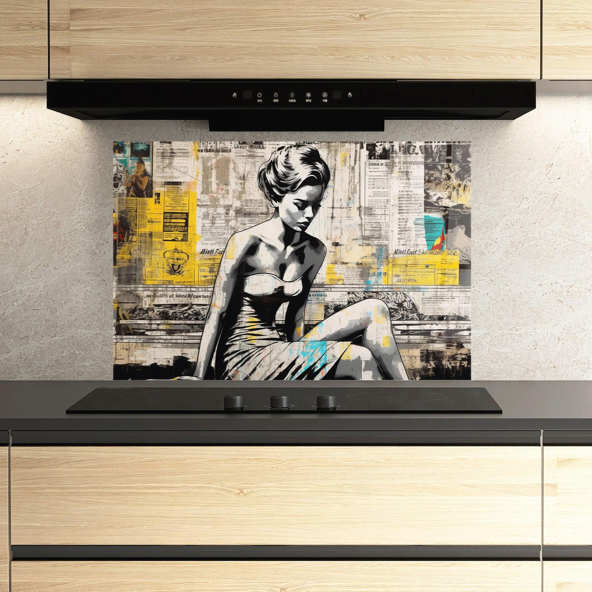 Konyhai üveg hátfal Newspaper Painting Girl mockup 3