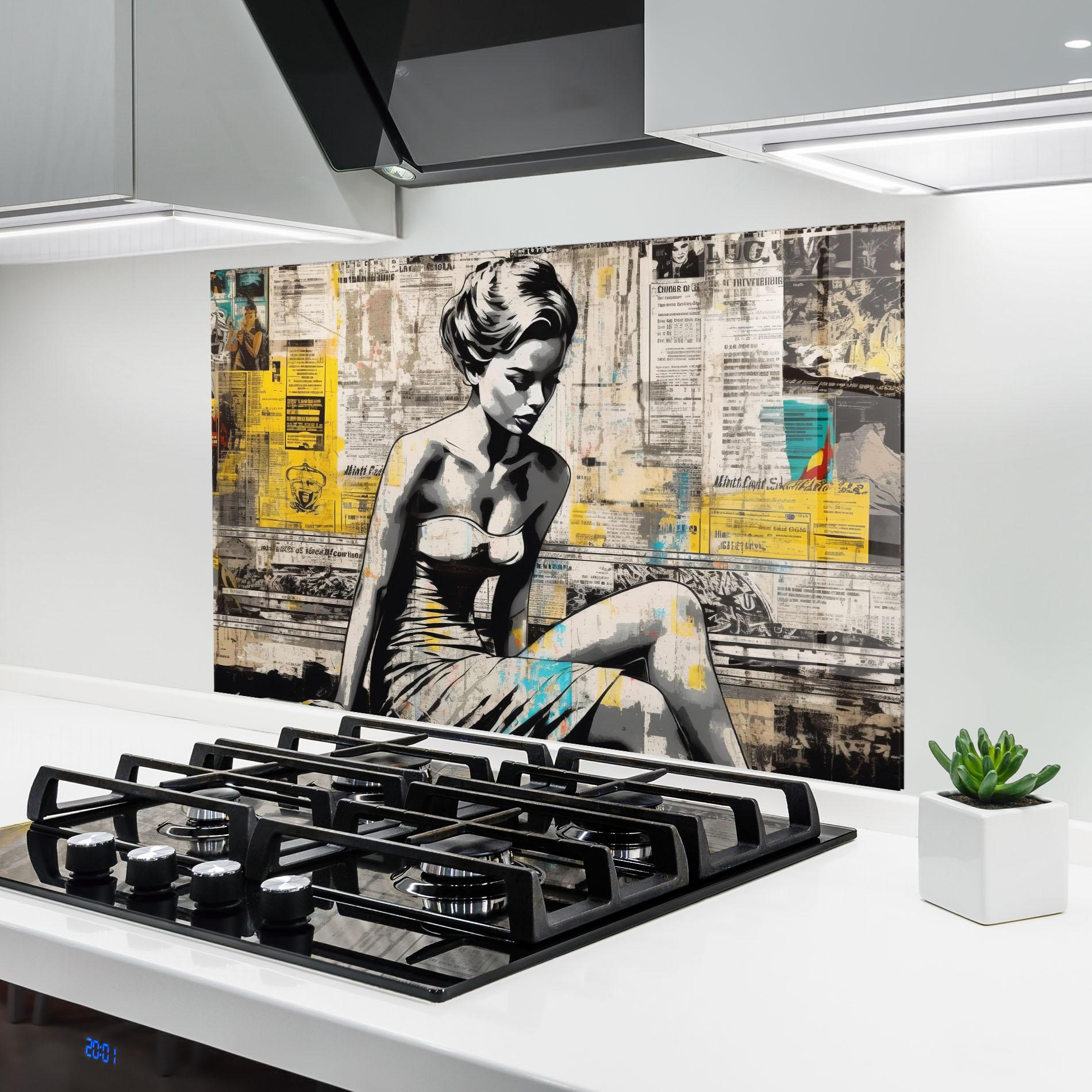 Konyhai üveg hátfal Newspaper Painting Girl mockup 6