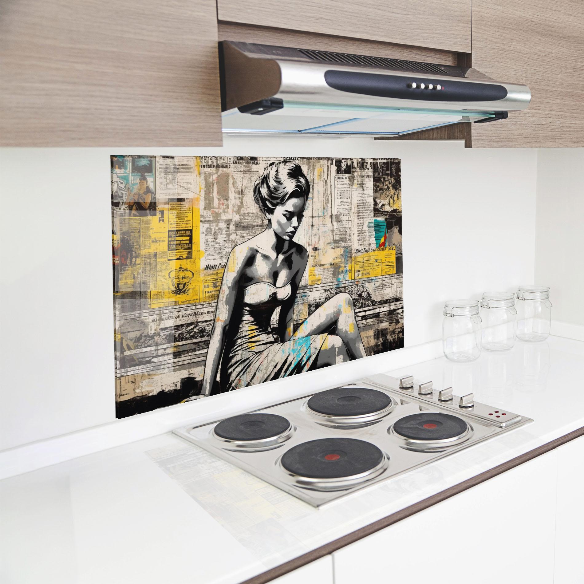 Konyhai üveg hátfal Newspaper Painting Girl mockup 8
