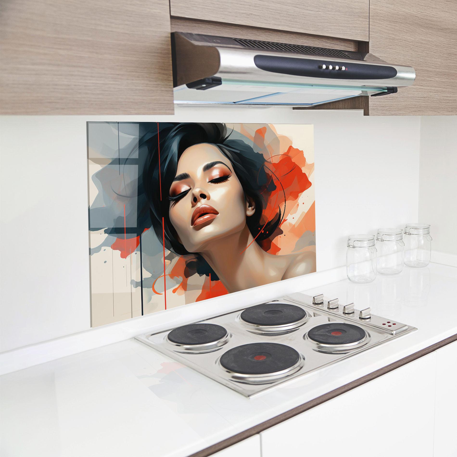 Konyhai üveg hátfal Pretty Woman On Red mockup 8